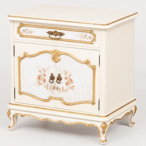 Vintage French Style Nightstand: Hand-Painted Floral Gold Leaf Cabinet