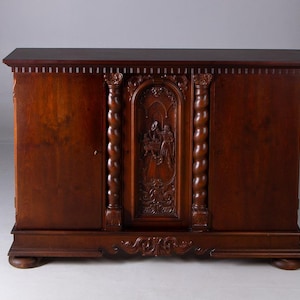 Aparador renacentista antiguo de roble macizo tallado a mano – Consola con tallado figurativo
