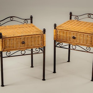 Wicker Rattan Nightstand with Drawer, Vintage Metal Leg Side Table – Boho Rustic Decor
