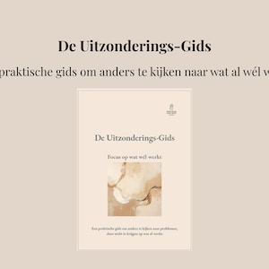May include: A book cover with the title "De Uitzonderings-Gids" in black text. Below, the text reads "Een praktische gids om anders te kijken naar wat al wél werkt." The book cover features a beige background with abstract brown shapes.