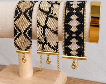 3 Geometric Peyote Bracelet Patterns, Black Gold Beaded Designs (PDF Download)