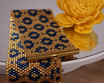 Blue Gold Peyote Bracelet Pattern PDF, Geometric Bead Weaving Tutorial, Miyuki Delica Bracelet Pattern, Seed Bead Jewelry Design