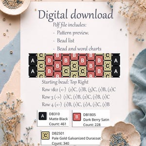 May include: A digital download PDF pattern guide featuring a bead chart with rows labeled A, B, and C. The document includes a bead list with color codes: A for matte black, B for dark berry satin, and C for pale gold galvanized duracoat.