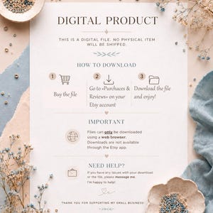 May include: A white informational sheet titled DIGITAL PRODUCT with instructions on how to download files. It includes three numbered steps with icons, an important note about web browser usage, and a section for help, all in dark text on a light background.