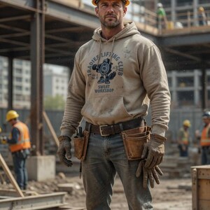 Tradies Lifting Club Sweatshirt | Vintage Mascot Grey Gym Jumper | Heavyweight Crewneck | Retro Weightlifting Sweater | Tradesman Gift