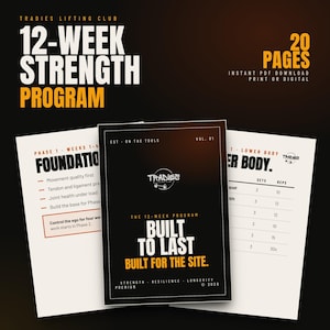 May include: An advertisement for a 12-week strength program, featuring a black and white cover with the text "Built to Last". The image includes pages with workout details and foundational information. The program is designed to build strength and resilience over 20 pages.