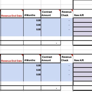 Può includere: Un modello di foglio di calcolo digitale che presenta due sezioni identiche con colonne etichettate Name of the customer, Performance Obligation, Recurring/Non-Recurring, Date of Commencement, Revenue Start Date, Revenue End Date, # Months, Contract Amount, Revenue Check, New A/R, Payment, Balance A/R, Revenue Recognized, Balance Deferred Revenue e Balance Unbilled.