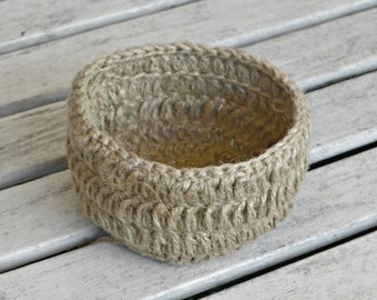 Crocheted Bowl Table Decor, Hostess Gift, Jute Crochet Storage Basket, Trinket Holder Primitive Natural Jute Home Decor