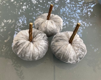 Silver Velvet Pumpkins Home Thanksgiving  Decor, Fall Home Accent Decor, Halloween Decor - set of three