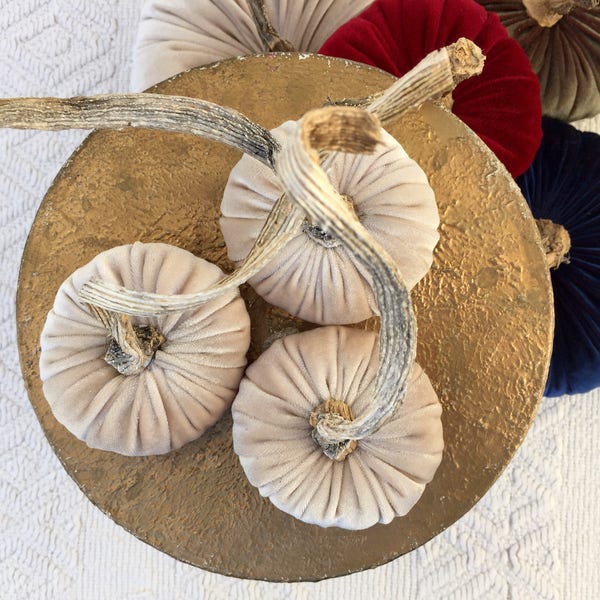 Champagne Velvet Pumpkins Home Halloween Decor, Fall Country Home Accent Fall and Halloween Decor - set of three