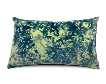 Blues and Greens Abstract Ice Dye Rayon Velvet Lumbar Throw Pillow, Decorative Pillow/Cushion Cover Tie dye, dye stain cushion cover