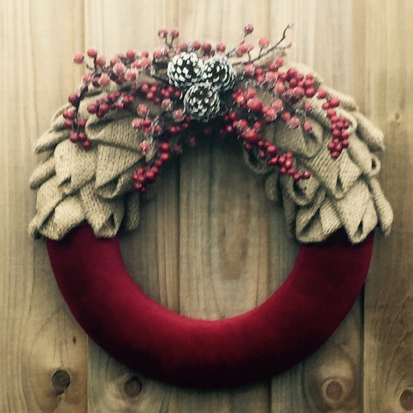 Christmas Wreath, Rustic Burlap and Red Velvet Wreath Christmas Wreath,Hessian Wreath