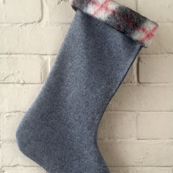 Christmas Stocking in Dark Gray Wool Fabric and Plaid  Trim Christmas Stocking