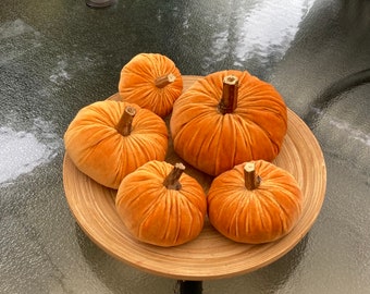 Orange Velvet Fabric Pumpkins Fall Country Home Accent, Thanksgiving, Autumn Fall Halloween decor - set of five