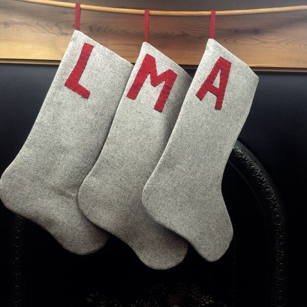 Christmas Stocking in Natural Wool Basket weave Fabric with initial appliqué