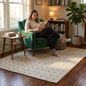 Hand Tufted Chunky Wool Rug, Ivory/Off-White & Black, Geometric Loops Carpet For Home Decor