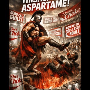 Op de afbeelding: Een advertentie met een krijger die een man in een vuurput schopt. De tekst luidt "THIS. IS. ASPARTAME!" en "Diet Choke" staat op blikjes en banners. Andere teksten zijn "ZERO CAL GUILT!" en "NOW WITH 30% LESS! SOUL!"