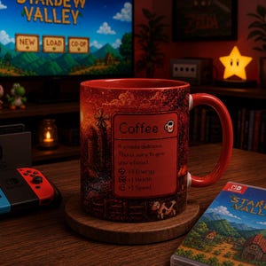 May include: A red ceramic coffee mug with a Stardew Valley design. The mug features a pixelated landscape with a windmill and the word "Coffee." Text on the mug reads "It smells delicious. This is sure to give you a boost!" A Nintendo Switch and game case are also visible.