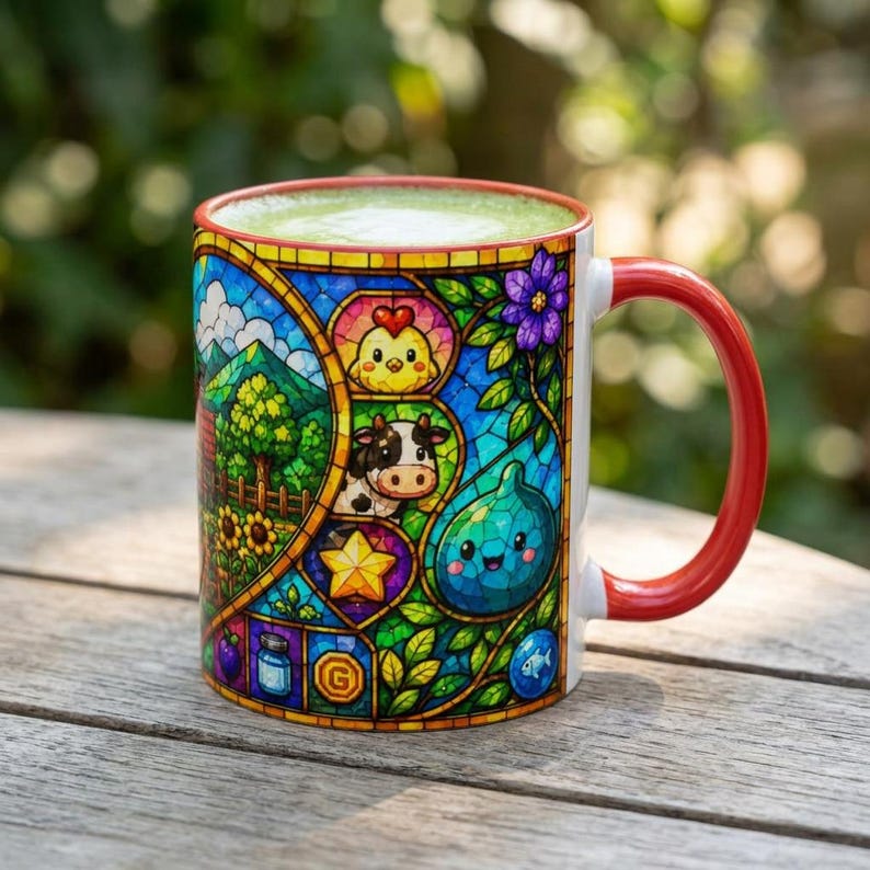 Op de afbeelding: Een keramische mok met een glas-in-lood ontwerp met boerderijdieren, planten en een landschap. De mok heeft een rood handvat en rand en is gevuld met een groene drank. Het ontwerp omvat een kip, een koe en een lachende vijg.