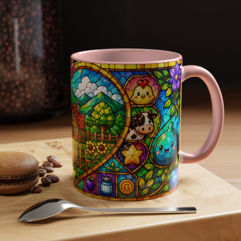 Stardew Valley-mok, koffiekopje in gebrandschilderd glas, gezellig gamercadeau Pink