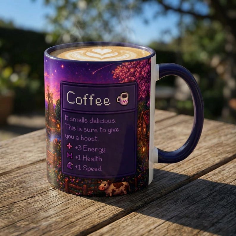 Purple Stardew Valley Mug, Cozy Gamer Coffee Cup, Pixel Art Gift image 2