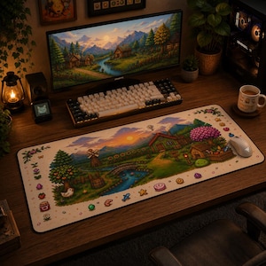 Könnte beinhalten: Eine rechteckige Schreibtischunterlage mit einer lebendigen Pixel-Art-Landschaft eines Bauernhofs bei Sonnenuntergang, inklusive Hütte, Windmühle, Fluss und Brücke. Der Rand ist mit kleinen Symbolen von Blumen, Früchten und Objekten verziert.