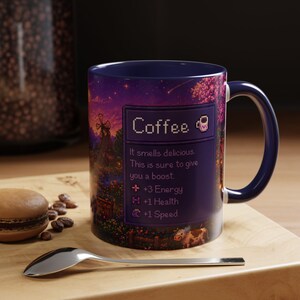 Purple Stardew Valley Mug, Cozy Gamer Coffee Cup, Pixel Art Gift Navy