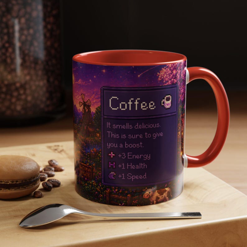 Purple Stardew Valley Mug, Cozy Gamer Coffee Cup, Pixel Art Gift Red