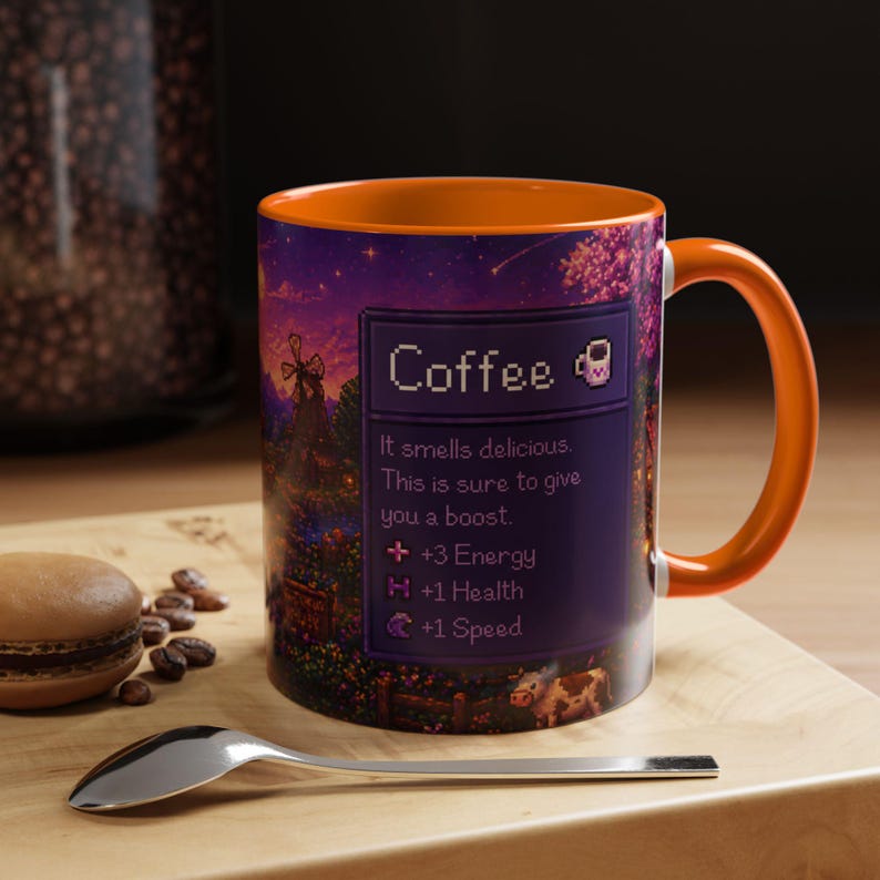 Purple Stardew Valley Mug, Cozy Gamer Coffee Cup, Pixel Art Gift Orange