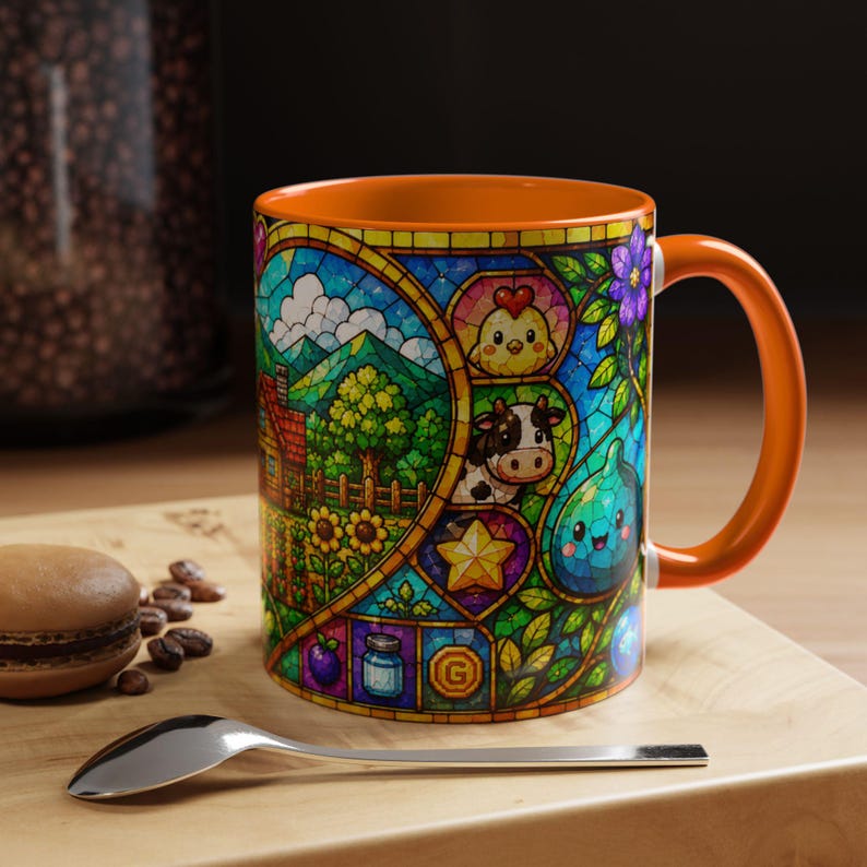 Stardew Valley-mok, koffiekopje in gebrandschilderd glas, gezellig gamercadeau Orange