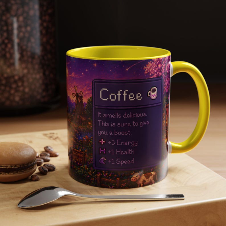 Purple Stardew Valley Mug, Cozy Gamer Coffee Cup, Pixel Art Gift Yellow