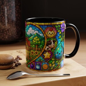 Stardew Valley-mok, koffiekopje in gebrandschilderd glas, gezellig gamercadeau Black