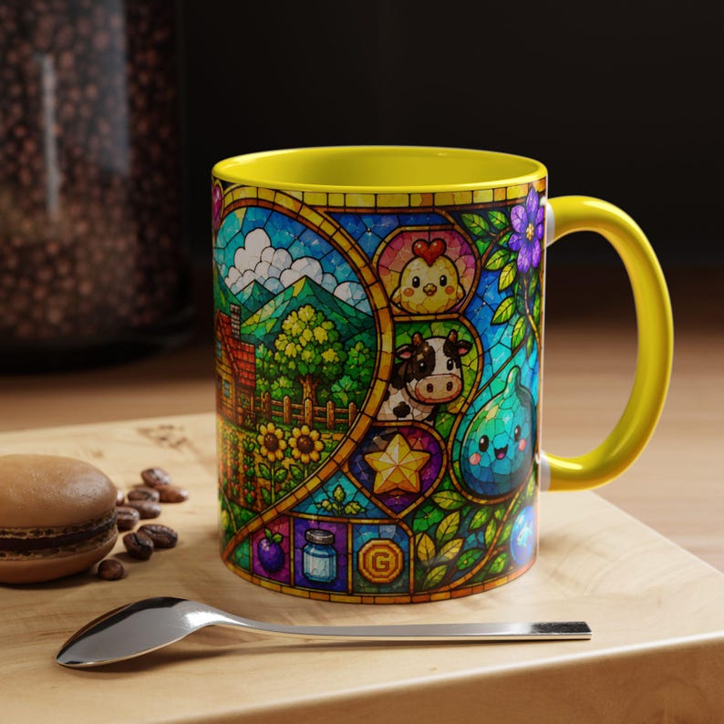 Stardew Valley-mok, koffiekopje in gebrandschilderd glas, gezellig gamercadeau Yellow
