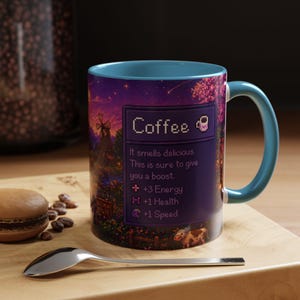 Purple Stardew Valley Mug, Cozy Gamer Coffee Cup, Pixel Art Gift Light Blue