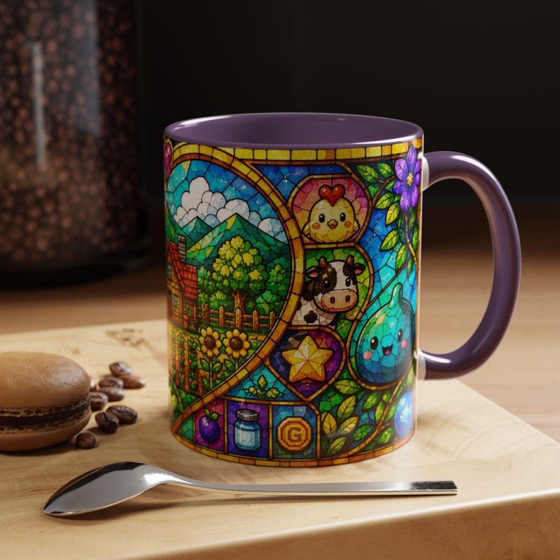 Stardew Valley-mok, koffiekopje in gebrandschilderd glas, gezellig gamercadeau Purple