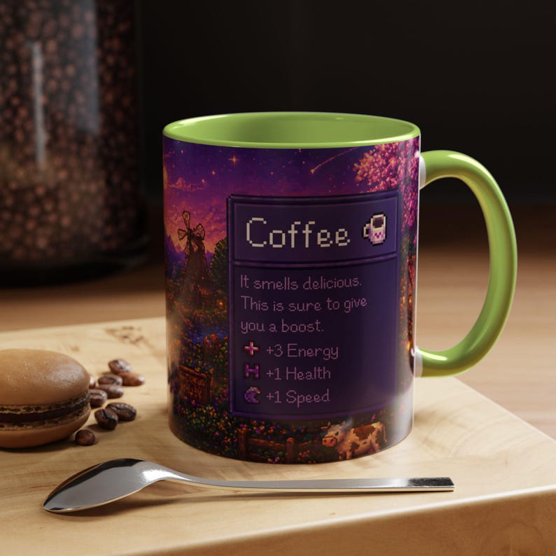 Purple Stardew Valley Mug, Cozy Gamer Coffee Cup, Pixel Art Gift Light Green
