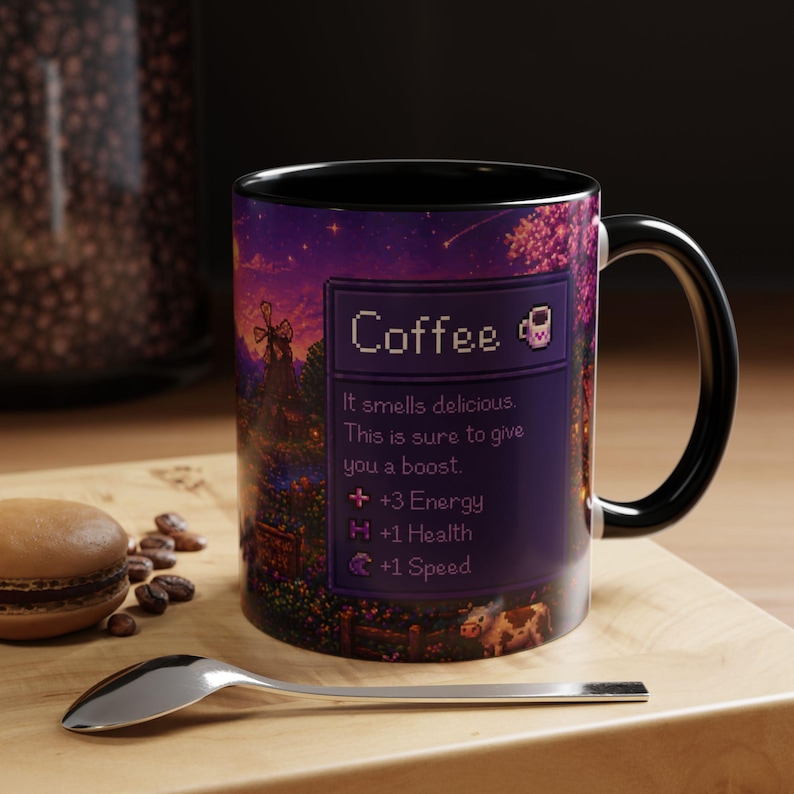 Purple Stardew Valley Mug, Cozy Gamer Coffee Cup, Pixel Art Gift Black