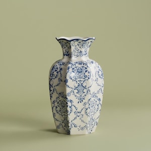 Blue White Chinoiserie Vase | Vintage Ceramic Flower Vessel | Console Table Mantle Decor | Large Heirloom Home Gift