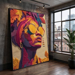 May include: A framed artwork depicting a vibrant portrait of a person with yellow sunglasses and a head wrap. The artwork is created in a textured, embroidered style, using shades of purple, orange, and yellow. The text "11011" is visible on the right side of the artwork.