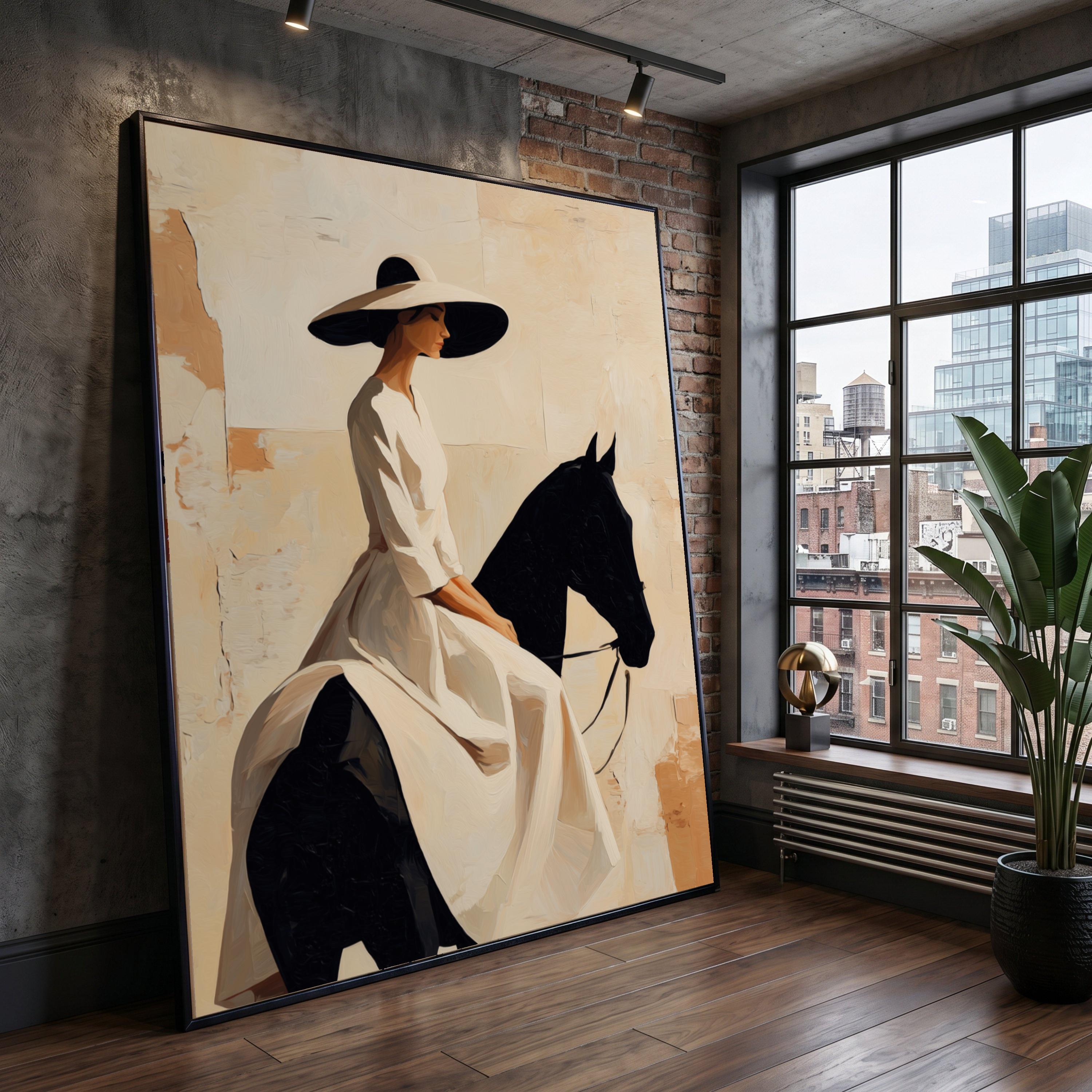 Elegant Woman Riding Black Horse Canvas Art, Vintage Equestrian ...
