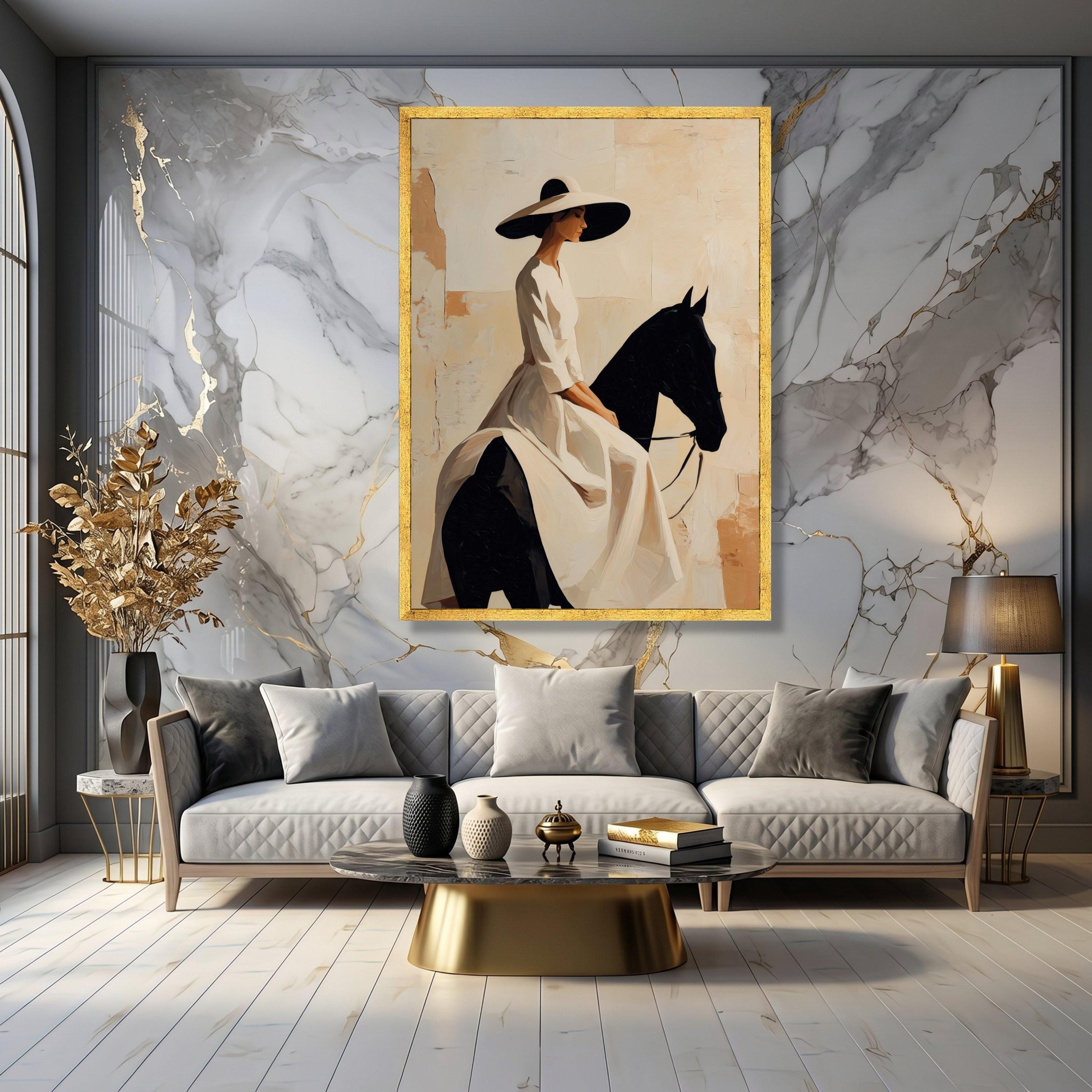 Elegant Woman Riding Black Horse Canvas Art, Vintage Equestrian ...