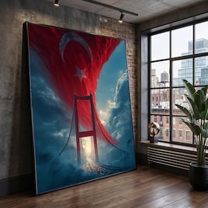 Toile drapeau turc sur le pont du Bosphore, oeuvre d'art murale emblématique d'Istanbul, toile horizon patriotique, décoration d'intérieur paysage de nuages spectaculaire