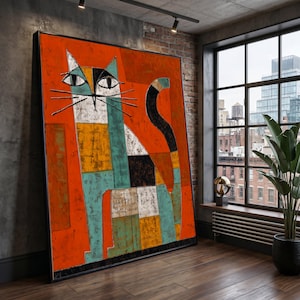 以下が含まれることがあります： 大きな額入りの抽象的な猫のアートプリント。このアートワークは、オレンジ、ティール、イエロー、ブラック、ホワイトの幾何学模様のスタイリッシュな猫が特徴です。猫は長いひげと曲がった尾を持っています。プリントは、窓とレンガの壁のある部屋に展示されています。