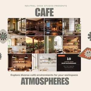 Puede incluir: Imagen promocional que muestra 10 fondos de Zoom de cafeterías. La imagen presenta varios entornos de cafeterías, incluidos interiores acogedores con chimeneas y patios al aire libre. El texto incluye "CAFE" y "ATMOSPHERES".