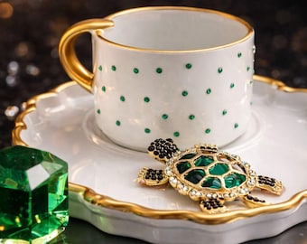 Turkish Coffee Cup Set, Luxury Gift for Her, Emerald Turtle Mug, Unique Aesthetic Cup, Spiritual Home Decor
