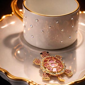 Könnte beinhalten: Ein weißes Tee-Set mit goldenen Verzierungen. Die Teetasse ist mit glitzernden Strasssteinen verziert und steht auf einer passenden Untertasse. Eine Schmuckschildkrötenfigur mit rosa und goldenen Akzenten liegt auf der Untertasse.