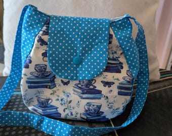 Handmade Blue Book Teacup Print Shoulder Bag: Vintage Polka Dot Strap (18cm x 20cm)