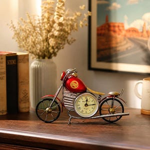 Vintage Metal Motorcycle Clock | Retro Desk Decor, Rustic Bike Art (12x7x3 Inches)
