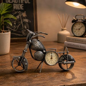 Könnte beinhalten: Eine dekorative Motorrad-Uhr aus Metall. Die Uhr hat ein rundes Zifferblatt mit römischen Ziffern und ist in das Design des Motorrads integriert. Im Hintergrund ist der Text "LIFE IS A BEAUTIFUL RIDE" zu sehen.