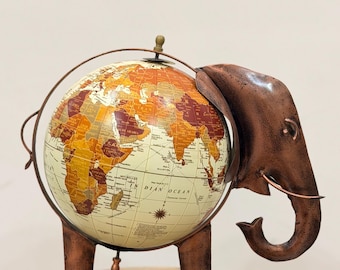 Globo terráqueo de elefante de metal, estatua del mundo vintage, acento antiguo para el hogar y la oficina